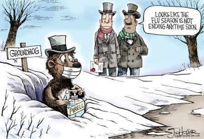 Editorial cartoon U.S. flu season Groundhog Day winter sick