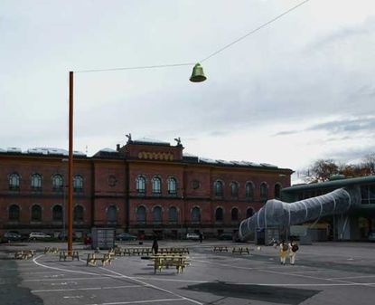 Outdoor area and a brick building