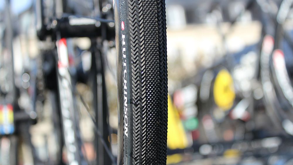 An aggressive tread on the 28mm Hutchinson tubulars of Direct Energie, which raced on disc brakesAn aggressive tread on the 28mm Hutchinson tubulars of Direct Energie, which raced on disc brakes