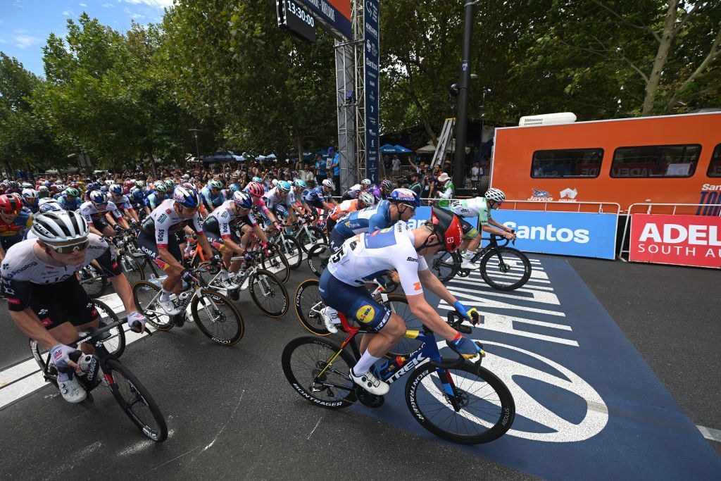 ADELAIDE AUSTRALIA JANUARY 26 LR Albert Withen Philipsen of Denmark and Team Lidl Trek White Best Young Rider Jersey Sam Welsford of Australia and Team Red Bull BORA hansgrohe Blue Sprint Jersey Jhonatan Narvaez of Ecuador and UAE Team Emirates Xrg Orange Leader Jersey and Fergus Browning of Australia and ARA Australian Cycling Team Polka Dot Mountain Jersey prior to the 25th Santos Tour Down Under 2025 Stage 6 a 90km stage from Adelaide to Adelaide UCIWT on January 26 2025 in Adelaide Australia Photo by Dario BelingheriGetty Images