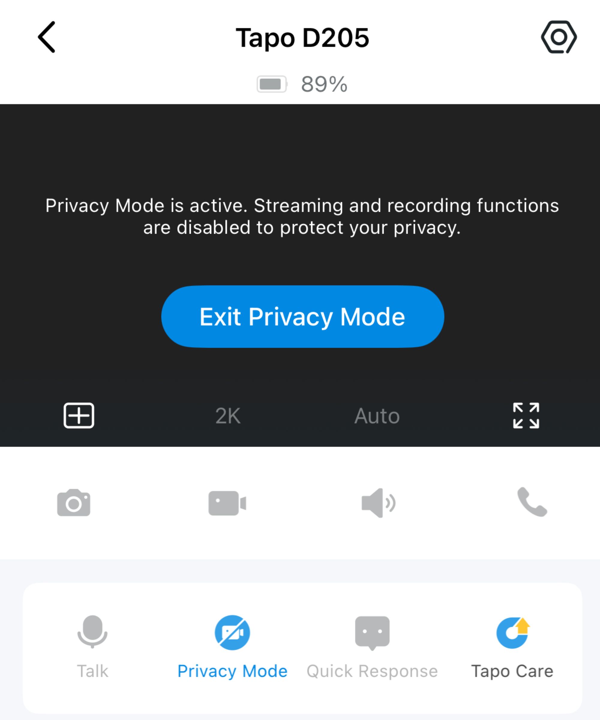 A screenshot of the app showing the menu for Privacy mode, which can be enabled on Tapo app to disable the streaming and recording function of the D205 for your privacy.