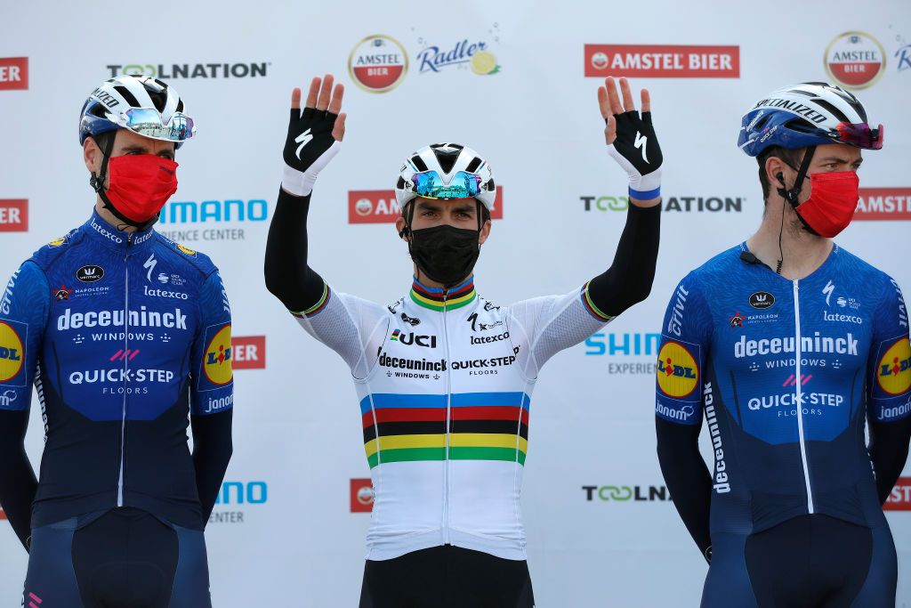 BERG NETHERLANDS APRIL 18 Start Julian Alaphilippe of France and Team Deceuninck QuickStep during the 55th Amstel Gold Race 2021 Mens Elite a 2167km race from Valkenburg to Berg en Terblijt Amstelgoldrace amstelgoldrace on April 18 2021 in Berg Netherlands Photo by Bas CzerwinskiGetty Images