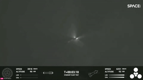 SpaceX's giant Starship Super Heavy booster explodes after separating from its upper stage during the company's second flight test on Nov. 18, 2023.