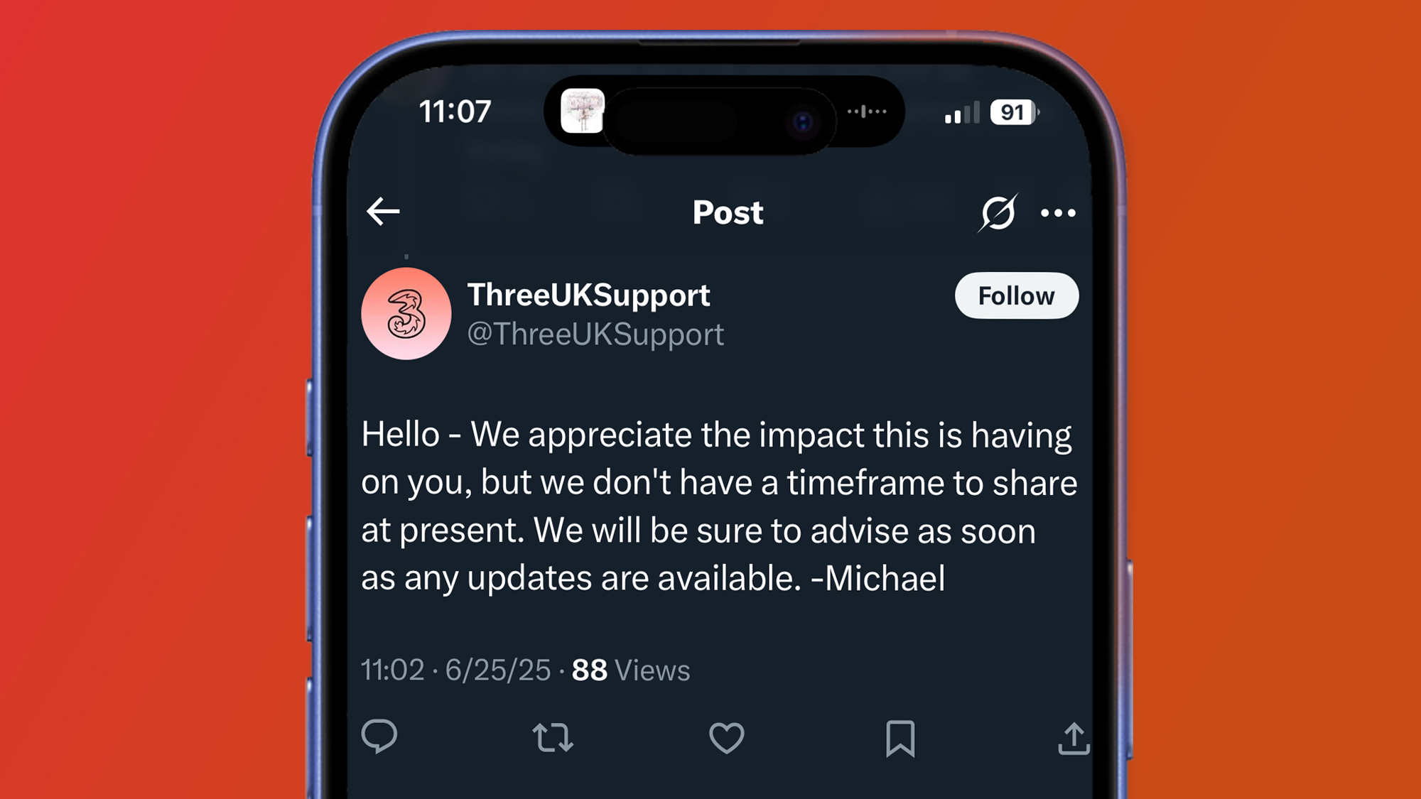 A phone on a red and orange background showing a Three UK response to an outage