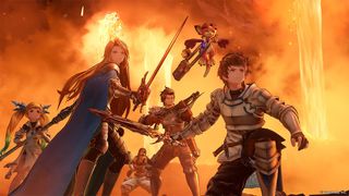 Granblue Fantasy Relink; anime characters airs against a fiery background