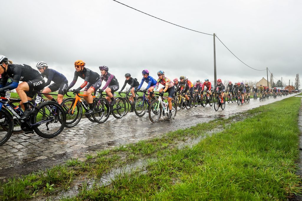 The pack of riders pictured in action during the womens GentWevelgem In Flanders Fields cycling race 1625 km from Ieper to Wevelgem Sunday 26 March 2023 BELGA PHOTO DAVID PINTENS Photo by DAVID PINTENS BELGA MAG Belga via AFP Photo by DAVID PINTENSBELGA MAGAFP via Getty Images