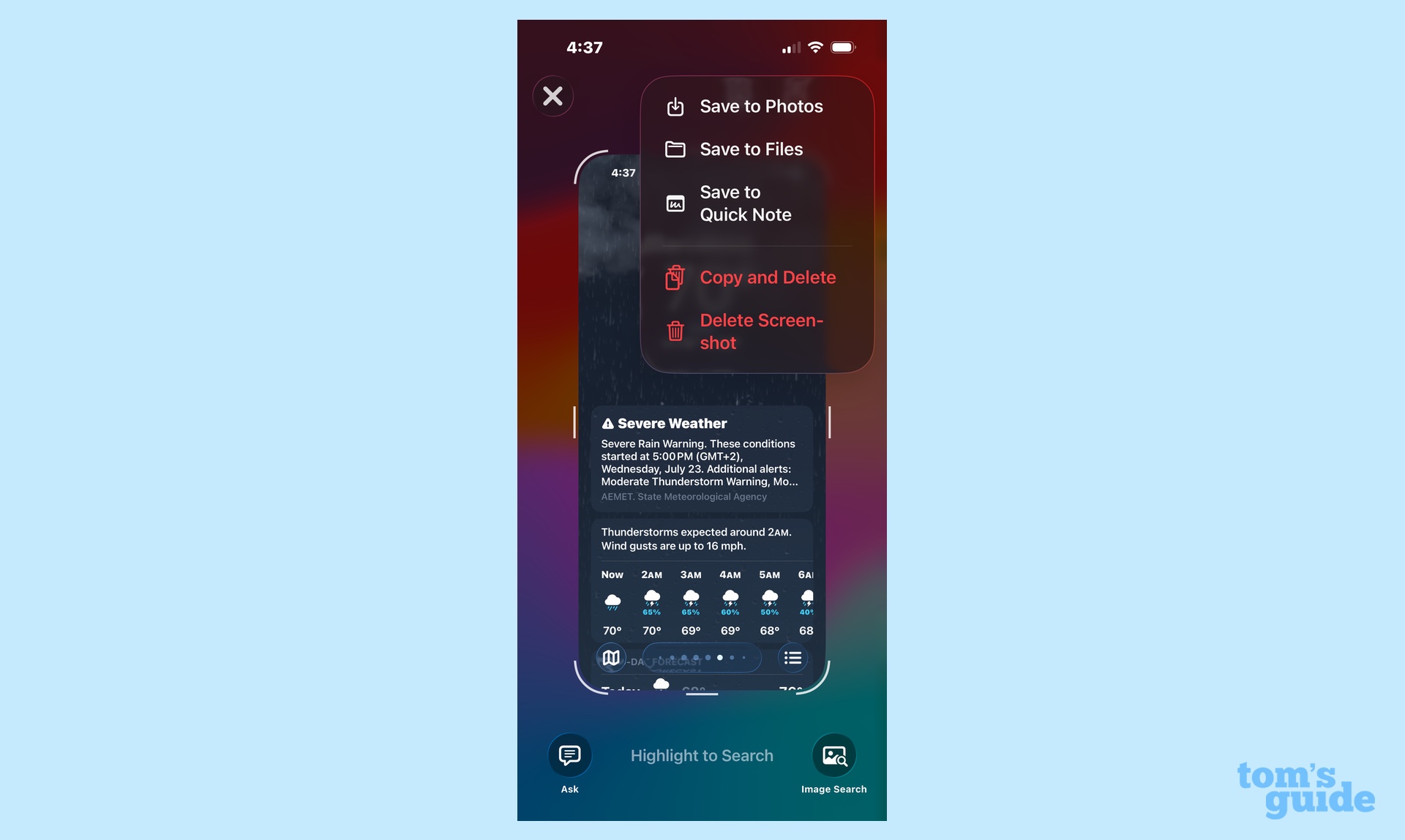 A screenshot in iOS 26 with the expanded save menu in the upper right corner