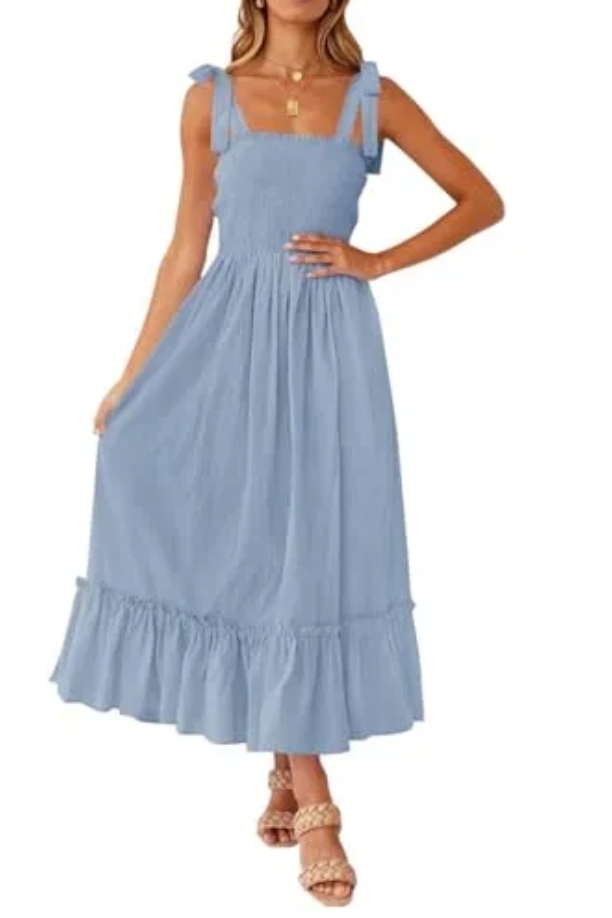 Zesica Women's 2025 Summer Boho Spaghetti Strap Square Neck Solid Color Ruffle a Line Beach Long Maxi Dress,blue,medium