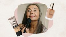 A picture of a woman applying makeup to her face with a makeup brush, alongside two product pictures of the e.l.f Soft Glam Satin foundation and the Estee Lauder Double Wear foundation, in a cream and pink template.