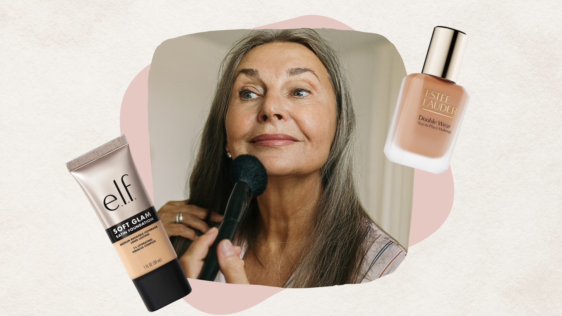 A picture of a woman applying makeup to her face with a makeup brush, alongside two product pictures of the e.l.f Soft Glam Satin foundation and the Estee Lauder Double Wear foundation, in a cream and pink template.