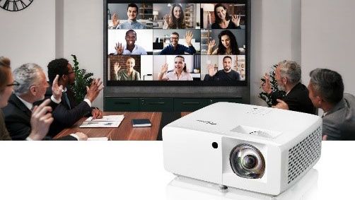 A new Optoma projector sits in front of a conference room on a video call. 