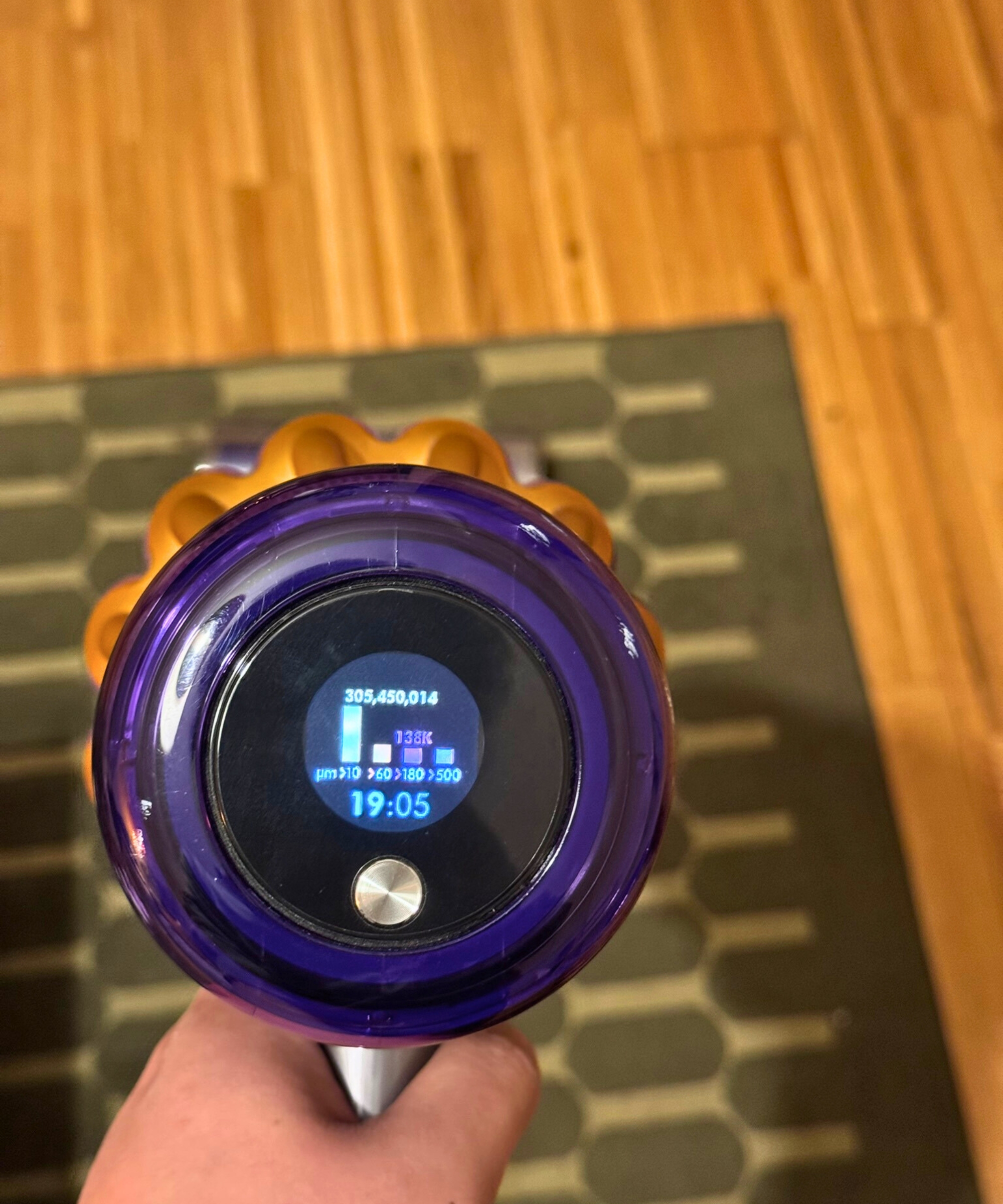 Hand holding the Dyson V15 Detect showing 305 million particles collected, above green rug on wooden floor.