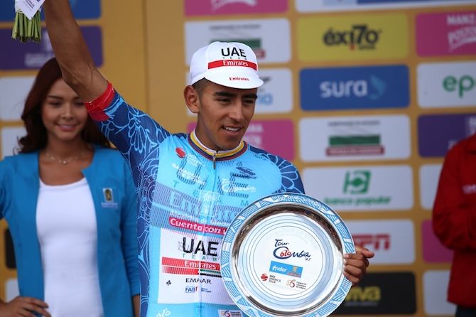Sebastian Molano (UAE Team Emirates) in the blue jersey awarded to each stage winner at the 2019 Tour Colombia 2.1