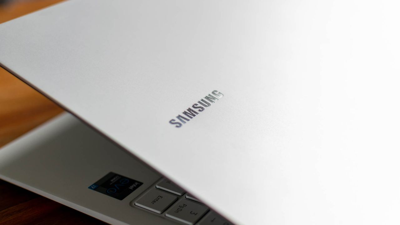 A closeup of the Samsung Galaxy Book Pro's logo