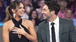 Kelsey Anderson and Joey Graziadei smile at each other on The Bachelor Season 28 finale.