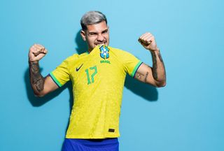 Bruno Guimaraes of Brazil poses during the official FIFA World Cup Qatar 2022 portrait session on November 20, 2022 in Doha, Qatar.
