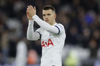 Giovani Lo Celso applauds the Tottenham fans after a Premier League game against West Ham in April 2024.