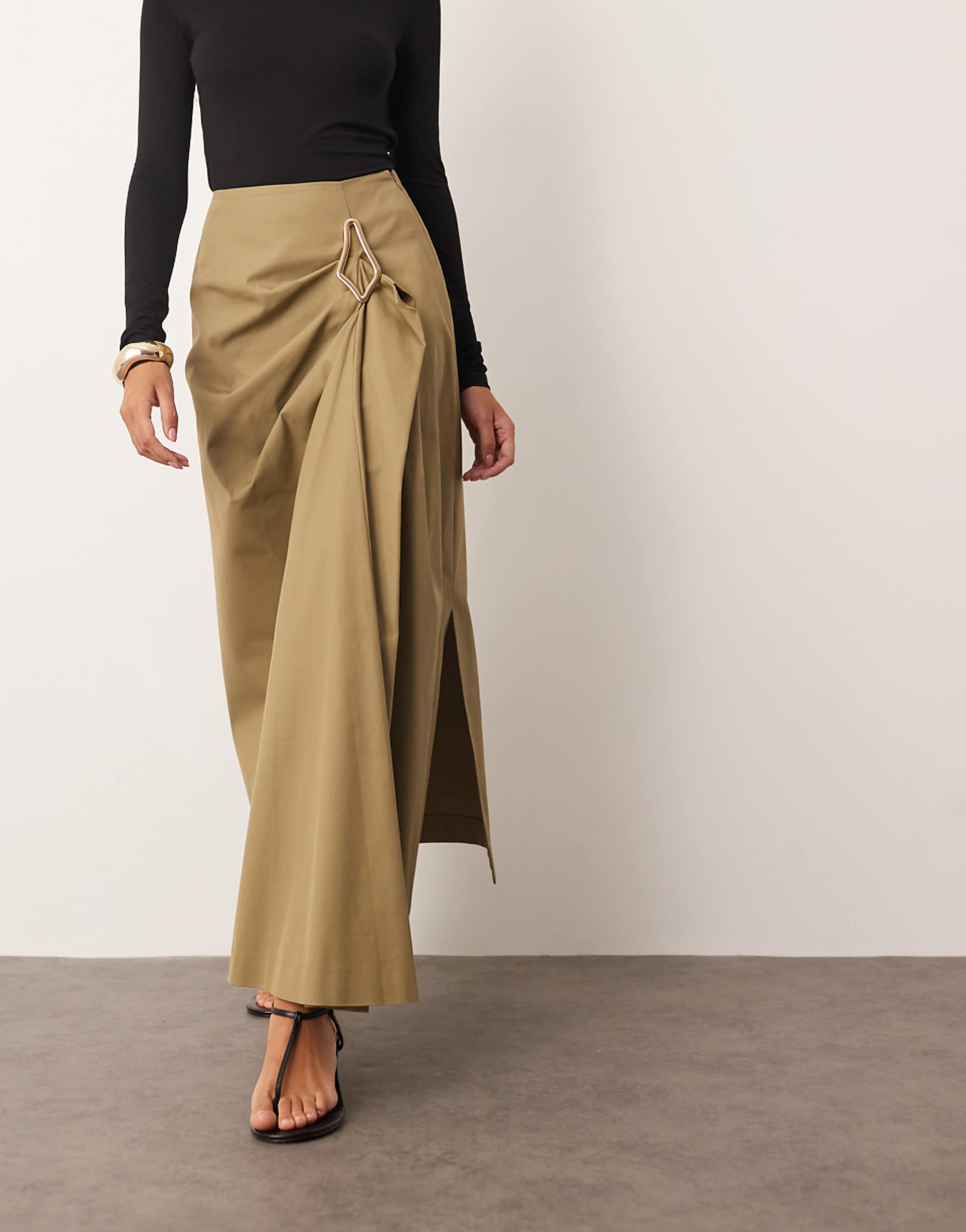 Arrange Drape Structured Maxi Skirt With Metal Trim in Camel