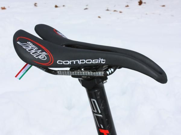 Frattini says the Selle SMP Composit Carbon Rail saddle is comfortable for 'cross racing despite its radical appearance.