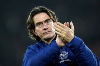 Brentford manager Thomas Frank applauds the fans after the Premier League match at St Mary’s Stadium, Southampton. Picture date: Tuesday January 11, 2022