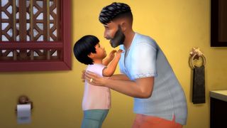 A man picks up a toddler in The Sims 4