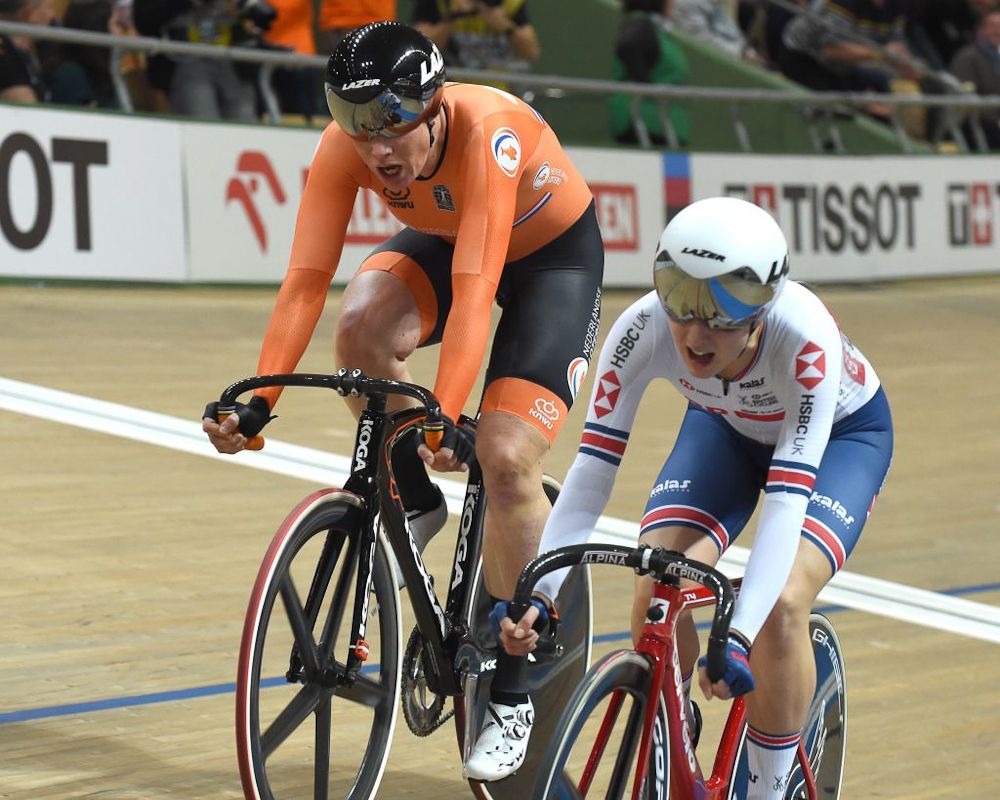Britain's Elinor Barker competes with the Netherlands' Kirsten Wild during the women scratch competition of the UCI Track Cycling World Championships