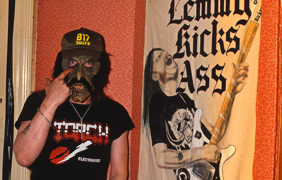Lemmy wearing a mask at home in Kensal Rise, London