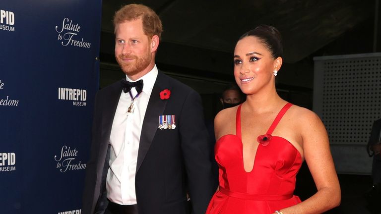 Prince Harry, Duke of Sussex and Meghan, Duchess of Sussex attend the 2021 Salute To Freedom Gala at Intrepid Sea-Air-Space Museum on November 10, 2021 in New York City