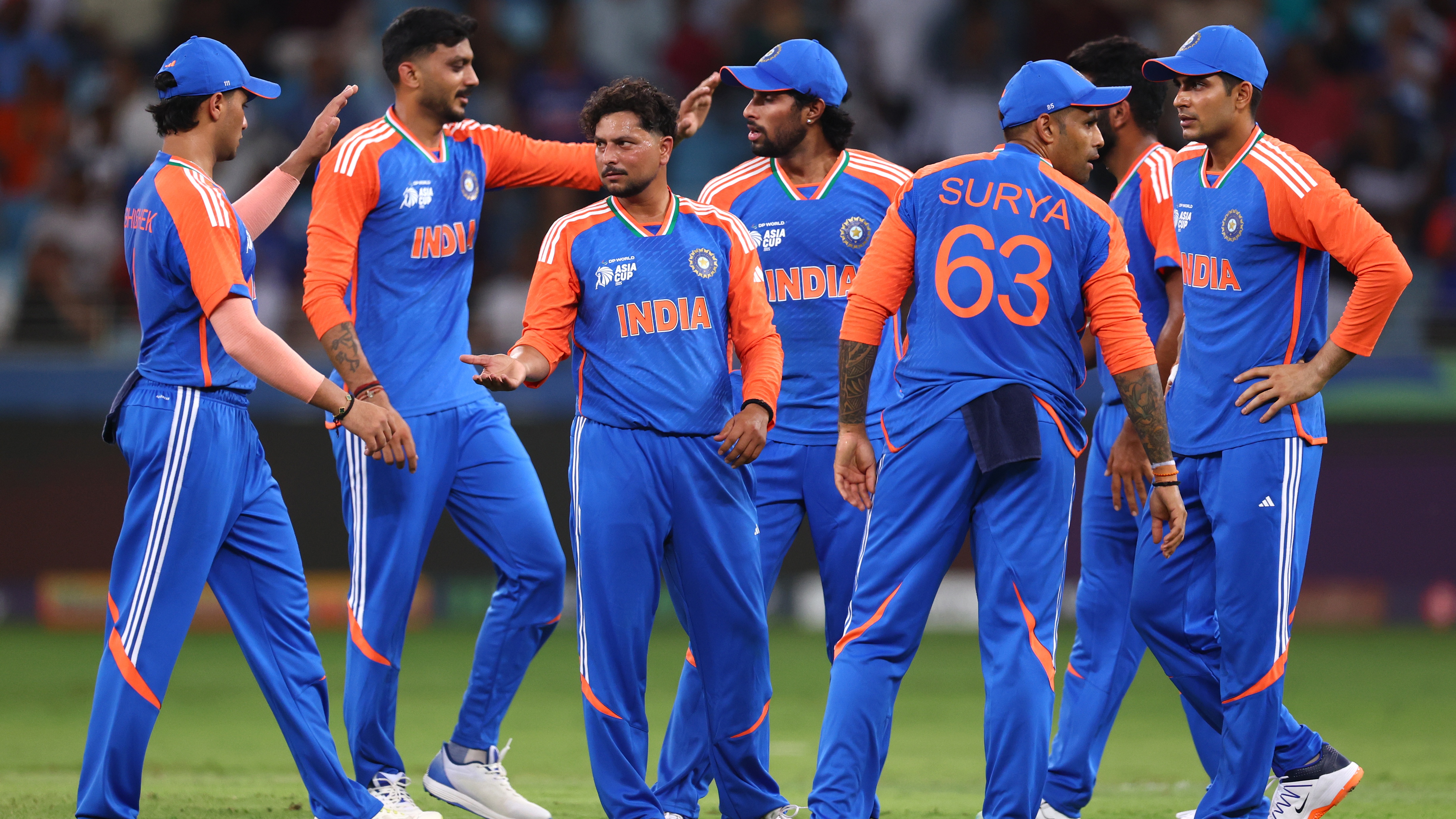 Kuldeep Yadav of India celebrates with team mates after dismissing Muhammad Waseem of UAE during the Asia Cup match between India and United Arab Emirates at Dubai International Stadium on September 10, 2025 in Dubai, United Arab Emirates. 