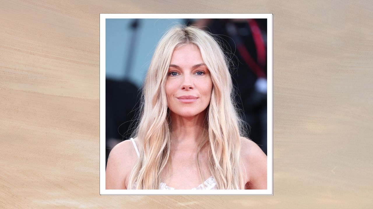 Sienna Miller is pictured with her blond hair in loose waves whilst attending the Closing Ceremony red carpet during the 81st Venice International Film Festival at Palazzo del Cinema on September 7, 2024 in Venice, Italy/ in a beige and grey sunset-style template