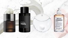 A collage featuring some of the milk-like perfumes included in this round-up, including Molton Brown's Milk Musk, Commodity's Milk, Issey Miyake's A Drop D'issey and Maison Margiela's Coffee Break perfumes, on a white and grey marbled template with a milk spill and marshmallow stock images, to demonstrate their fragrance notes.
