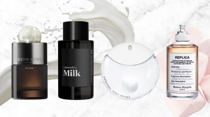 A collage featuring some of the milk-like perfumes included in this round-up, including Molton Brown's Milk Musk, Commodity's Milk, Issey Miyake's A Drop D'issey and Maison Margiela's Coffee Break perfumes, on a white and grey marbled template with a milk spill and marshmallow stock images, to demonstrate their fragrance notes. 