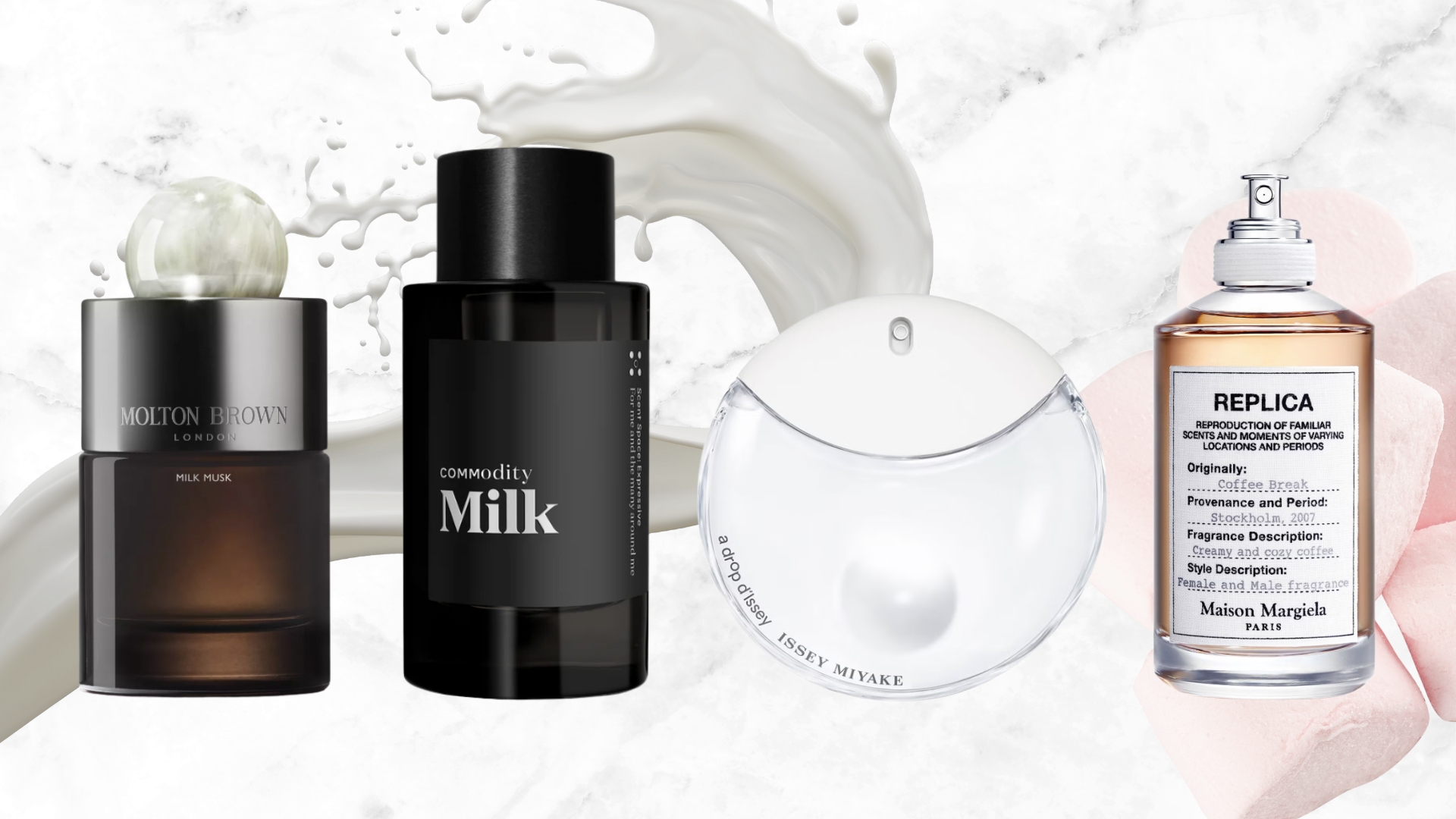 A collage featuring some of the milk-like perfumes included in this round-up, including Molton Brown's Milk Musk, Commodity's Milk, Issey Miyake's A Drop D'issey and Maison Margiela's Coffee Break perfumes, on a white and grey marbled template with a milk spill and marshmallow stock images, to demonstrate their fragrance notes. 