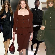 A collage of models wearing skirt suits from the S/S 26 and F/W 26 runway collections.