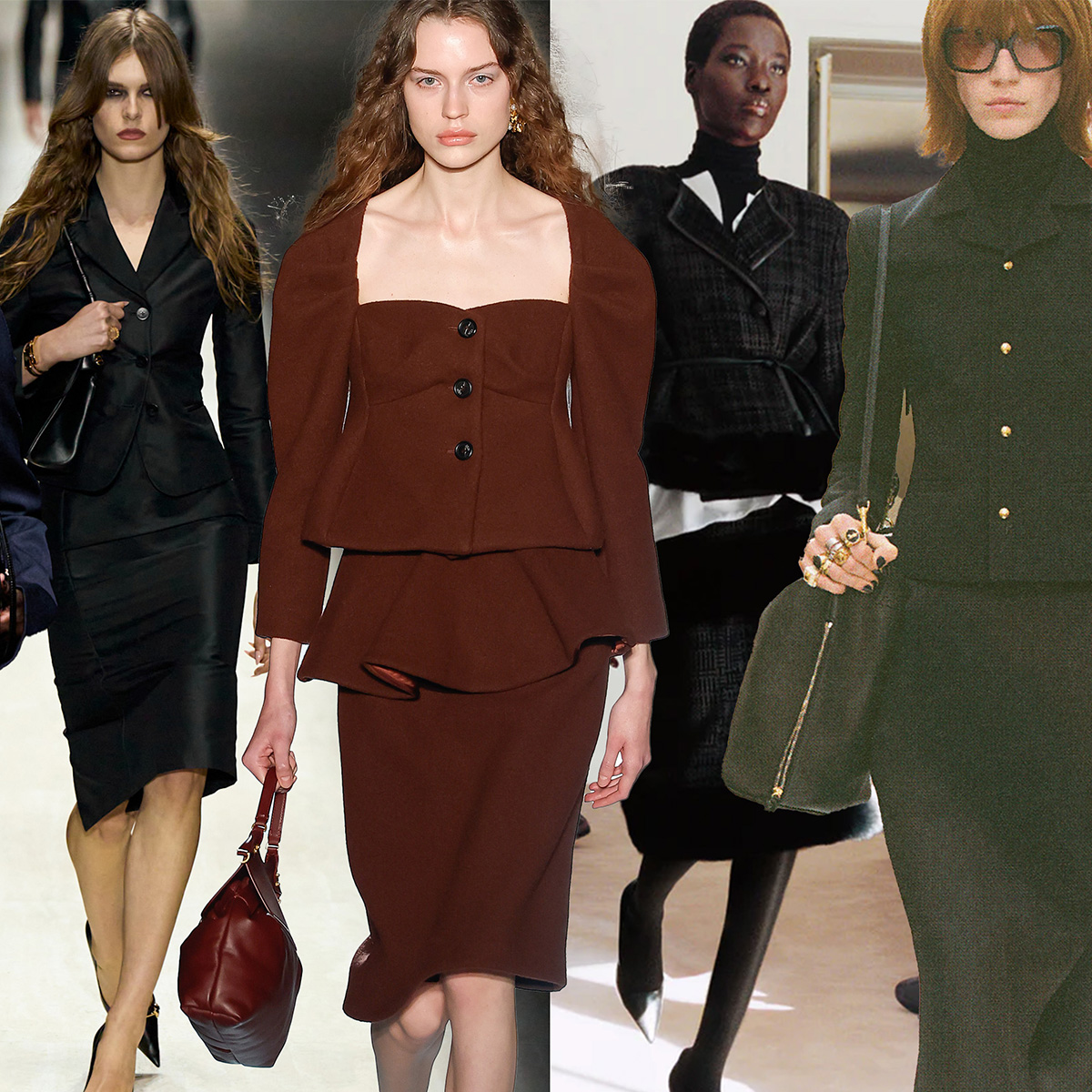A collage of models wearing skirt suits from the S/S 26 and F/W 26 runway collections.