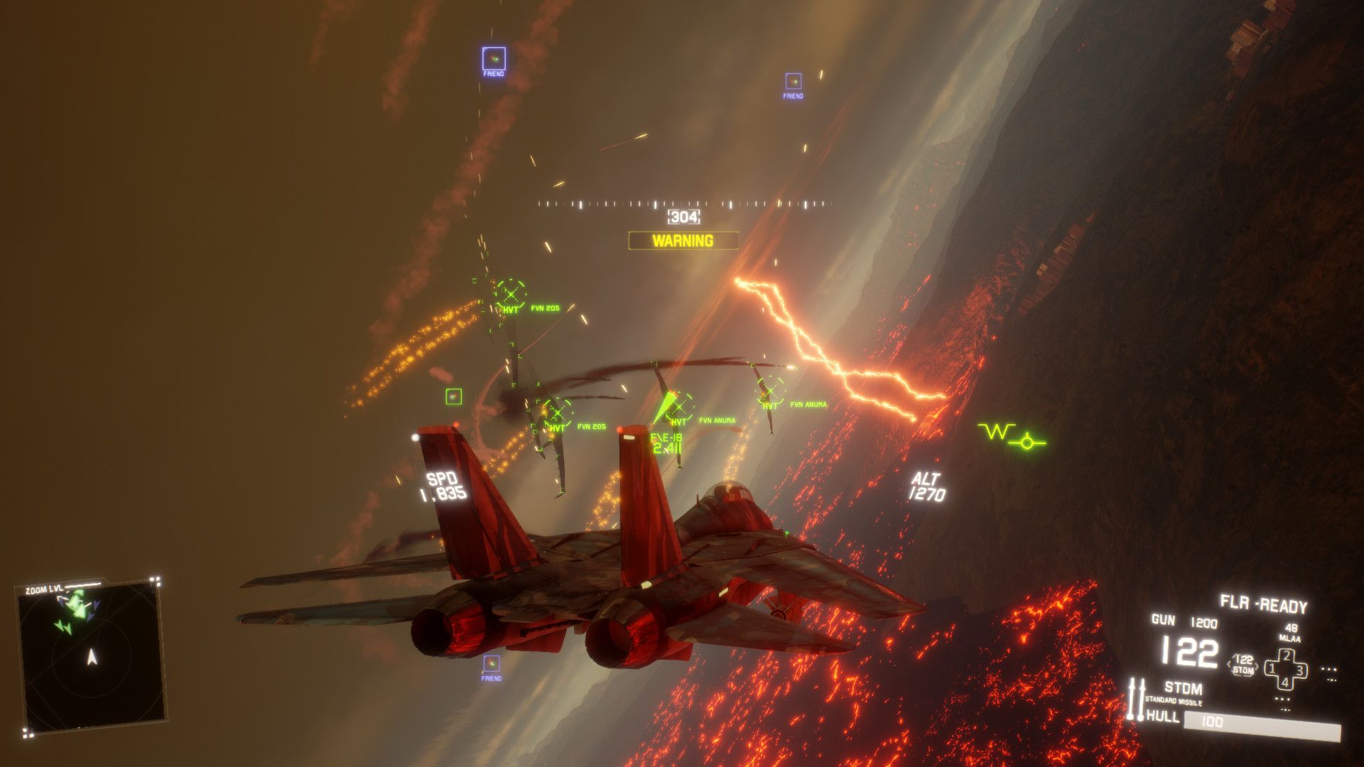 A fighter jet targeting a formation of aircraft over a lava field in Project Wingman.