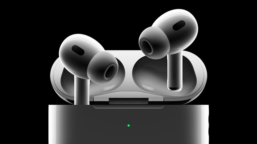 A pair of AirPods Pro 2 on a black background. 