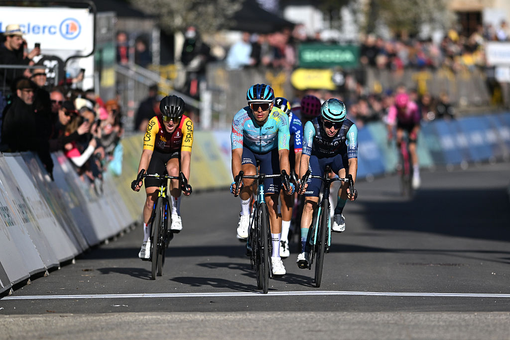 COLOMBIER-LE-VIEUX, FRANCE - MARCH 12: (L-R) Ion Izagirre of Spain and Team Cofidis, Harold Tejada of Colombia and Team XDS Astana and Lenny Martinez of France and Team Bahrain - Victorious cross the finish line during the 84th Paris-Nice 2026, Stage 5 a 206.3km stage from Cormoranche-sur-Saone to Colombier-le-Vieux 422m / #UCIWT / on March 12, 2026 in Colombier-le-Vieux, France. (Photo by Szymon Gruchalski/Getty Images)