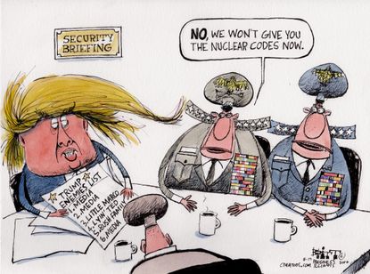 Political cartoon U.S. Donald Trump media security meeting nuclear codes