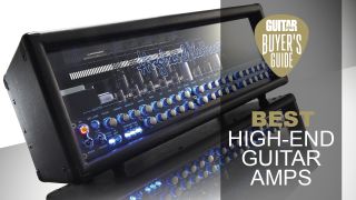 Hughes and Kettner TriAmp 3 on a reflective surface with a white background, with 'Guitar World buyer's guide: best high-end guitar amps' text 