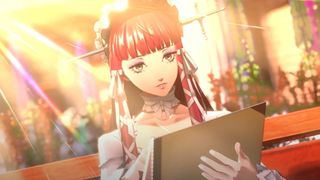 A screenshot of Chidori drawing something in the Persona 3 Reload 'conflicting fates' trailer.