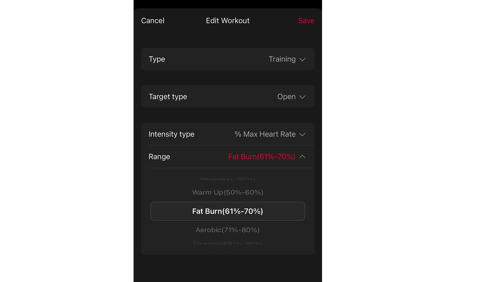 Coros App showing workout and heart rate zone options
