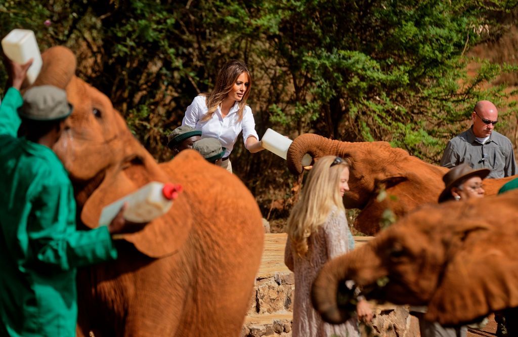 Melania Trump feeds an orphaned elephant at the David Sheldrick Wildlife Trust in Kenya