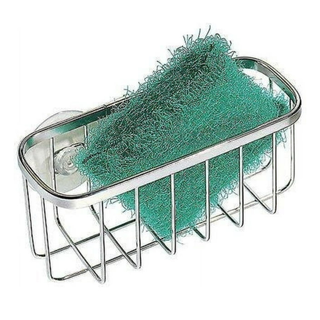 Steel sink caddy with green sponge