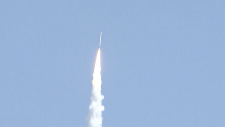 This still from a CCTV video shows scenes from the first successful launch of Hyperbola-1, a privately built orbital rocket built by the Chinese company iSpace. It lifted off from the Jiuquan Satellite Launch Center on July 25, 2019.