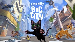 A black cat leaping across a street during the title poster for the game Little Kitty, Big City.