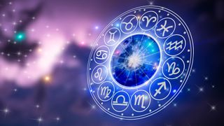 Gemini season 2023: Zodiac signs inside of horoscope circle. Astrology in the sky with many stars and moons astrology and horoscopes concept.