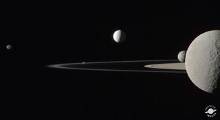 This Cassini-based image by Emily Lakdawalla shows five Saturn moons: Janus, Pandora, Enceladus, Mimas and Rhea.