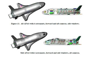 These designs from a Boeing study show configuration for a crewed space plane (X-37C) derived from the unmanned X-37B spacecraft.