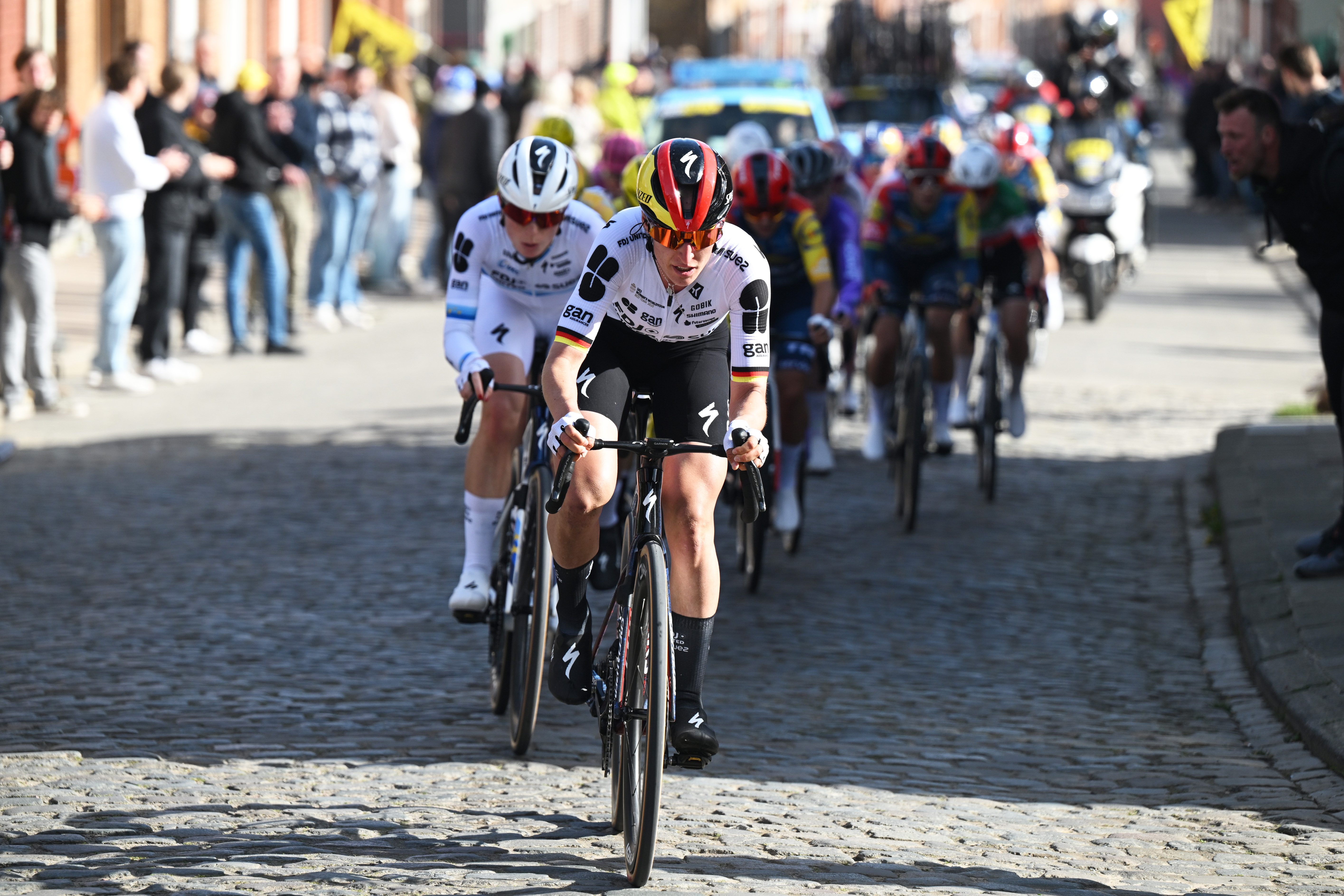 OUDENAARDE, BELGIUM - APRIL 05: Franziska Koch of Germany and Team FDJ United - SUEZ competes in the breakaway during the 23rd Tour of Flanders 2026 - Ronde van Vlaanderen - Women's Elite a 164.1km one day race from Oudenaarde to Oudenaarde / #UCIWWT / on April 05, 2026 in Oudenaarde, Belgium. (Photo by Luc Claessen/Getty Images)